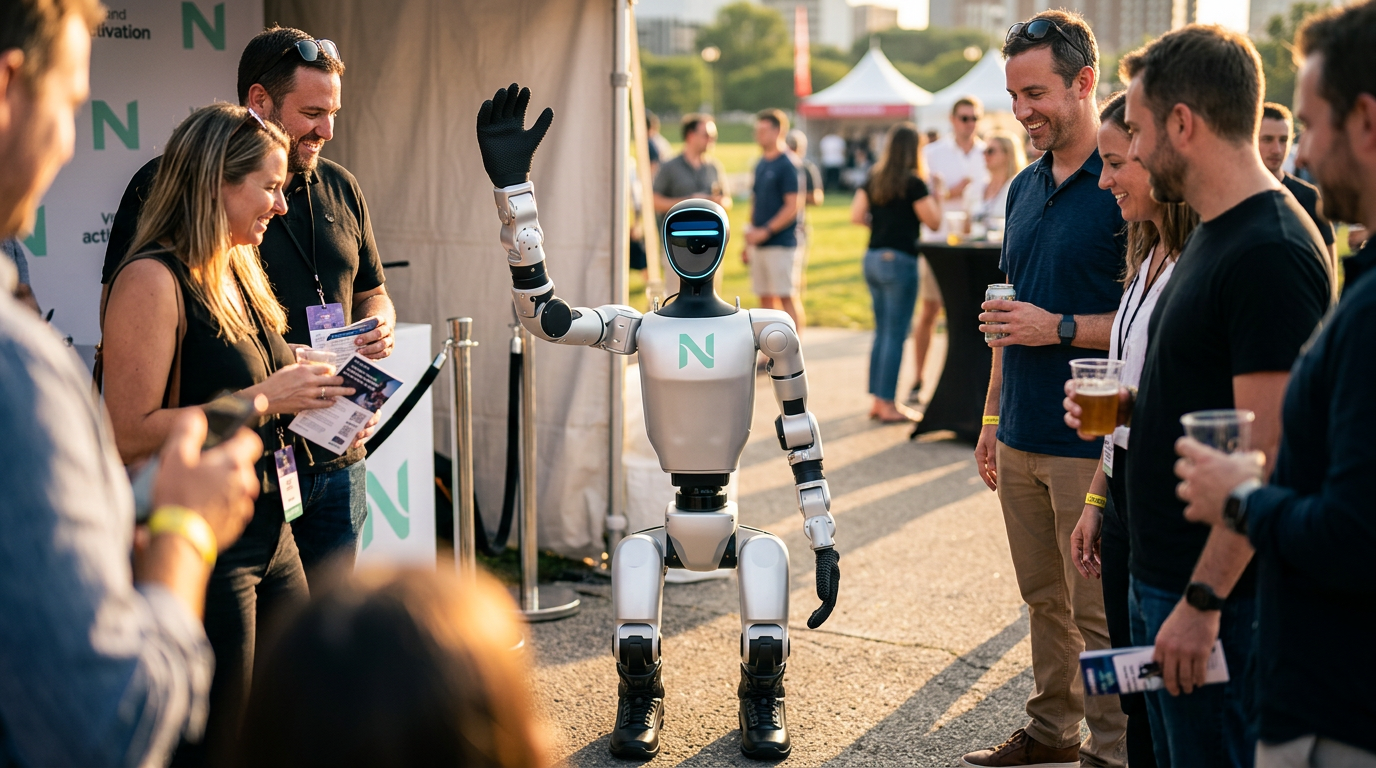 Andy, the Nex1Robotics humanoid robot, waving to a crowd at an event